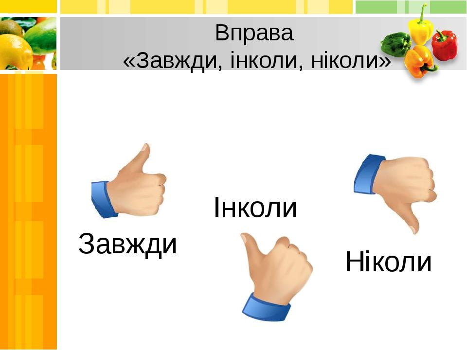 Вправа «Завжди, інколи, ніколи» Завжди Інколи Ніколи