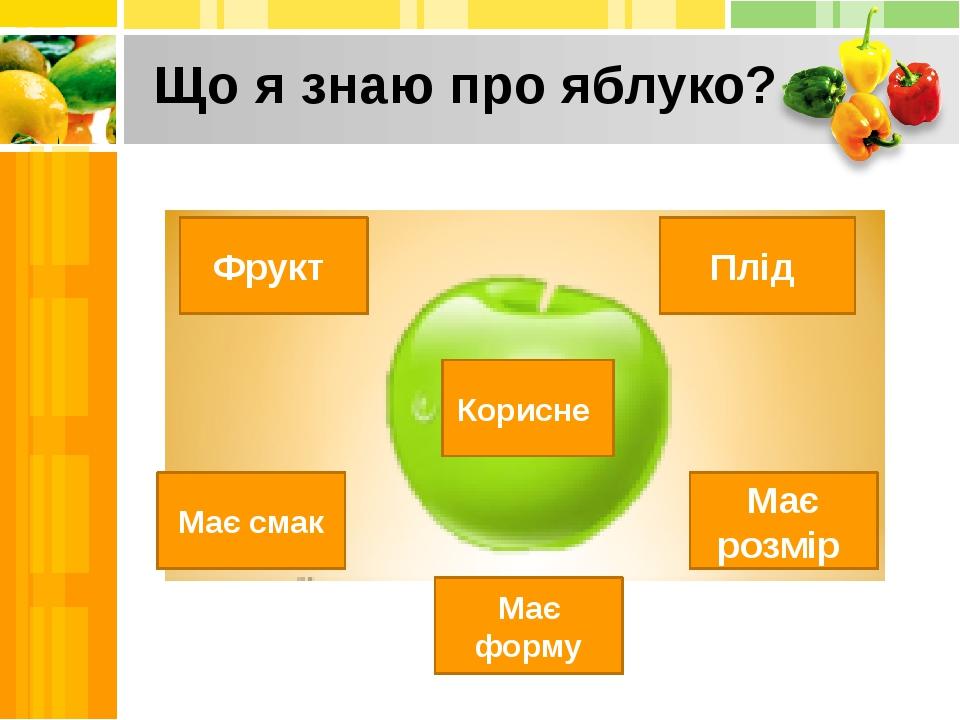 Що я знаю про яблуко? Має смак Має форму Має розмір Плід Фрукт Корисне