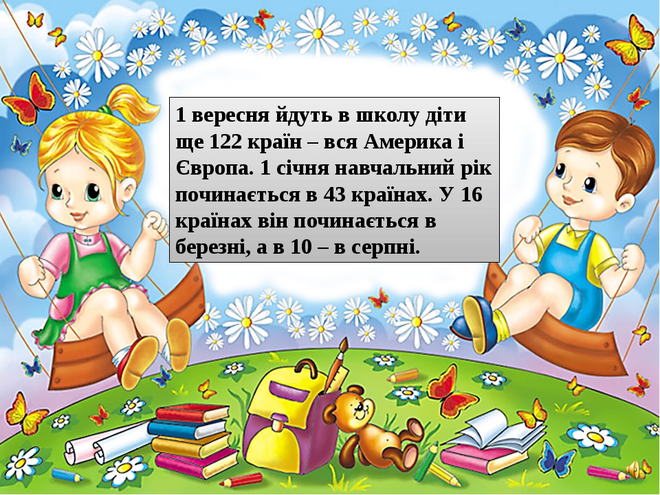 1 вересня йдуть в школу діти ще 122 країн – вся Америка і Європа. 1 січня навчальний рік починається в 43 країнах. У 16 країнах він починається в б... 1 вересня йдуть в школу діти ще 122 країн – вся Америка і Європа. 1 січня навчальний рік починається в 43 країнах. У 16 країнах він починається в б...