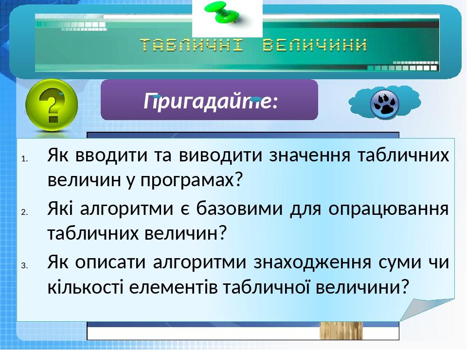 Чашук О.Ф., вчитель інформатики ЗОШ№23, Луцьк Як вводити та виводити значення табличних величин у програмах? Які алгоритми є базовими для опрацюван...