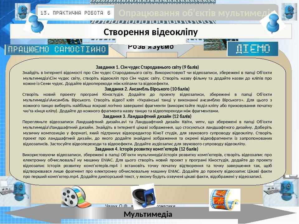 Чашук О.Ф., вчитель інформатики ЗОШ№23, Луцьк Чашук О.Ф., вчитель інформатики ЗОШ№23, Луцьк Розв’язуємо Опрацювання об’єктів мультимедіа Створення ...