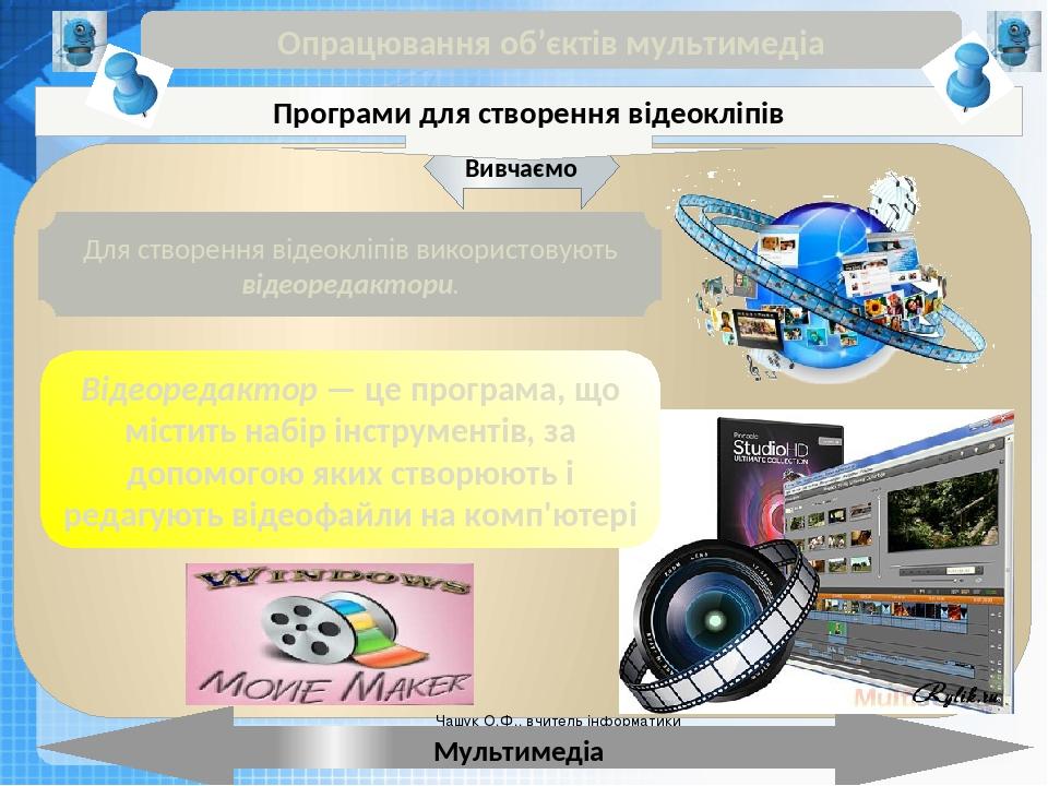 Чашук О.Ф., вчитель інформатики ЗОШ№23, Луцьк Чашук О.Ф., вчитель інформатики ЗОШ№23, Луцьк Опрацювання об’єктів мультимедіа Мультимедіа Вивчаємо П...