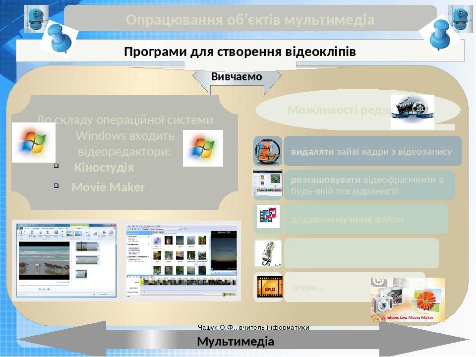 Чашук О.Ф., вчитель інформатики ЗОШ№23, Луцьк Чашук О.Ф., вчитель інформатики ЗОШ№23, Луцьк Опрацювання об’єктів мультимедіа Мультимедіа Вивчаємо Д...