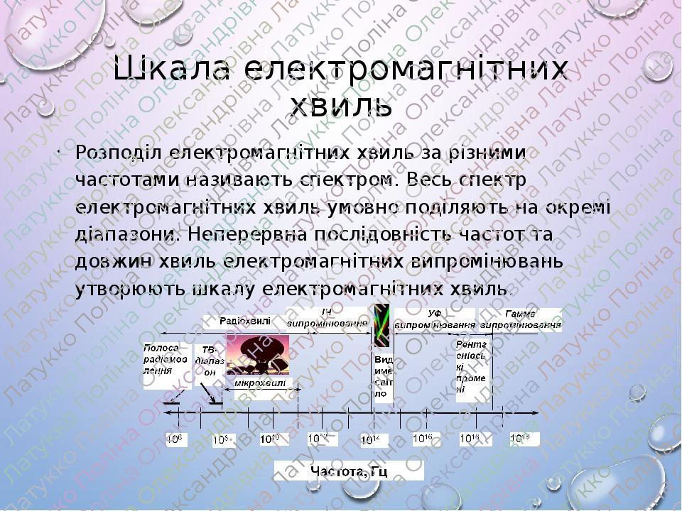 Шкала електромагнітних хвиль Розподіл електромагнітних хвиль за різними частотами називають спектром. Весь спектр електромагнітних хвиль умовно под...