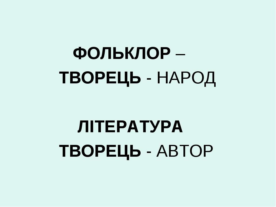 ФОЛЬКЛОР – ТВОРЕЦЬ - НАРОД ЛІТЕРАТУРА ТВОРЕЦЬ - АВТОР
