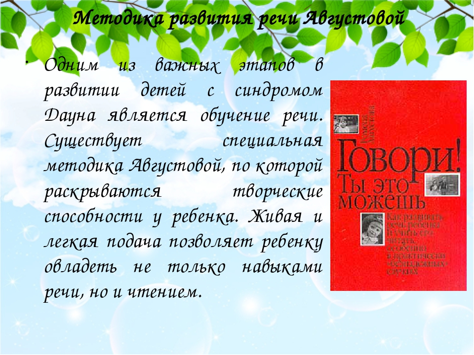 Методика развития речи Августовой Одним из важных этапов в развитии детей с синдромом Дауна является обучение речи. Существует специальная методика...