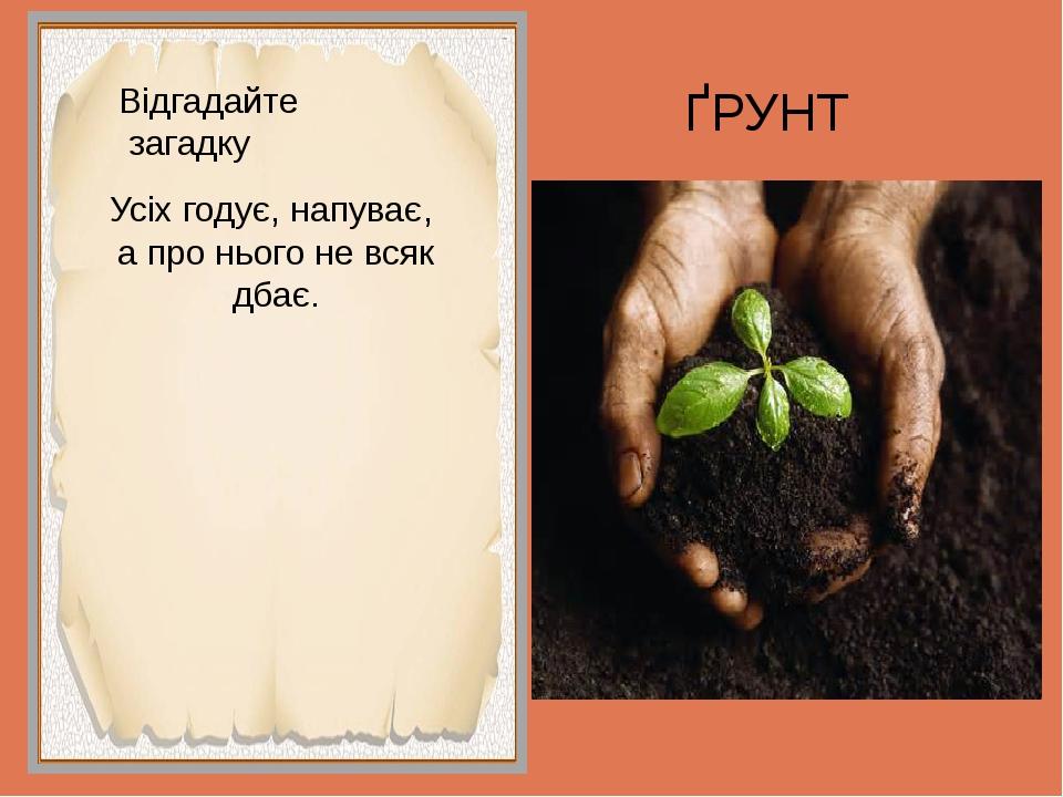 Відгадайте загадку Усіх годує, напуває, а про нього не всяк дбає. ҐРУНТ