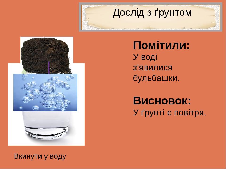 Дослід з ґрунтом Помітили: У воді з’явилися бульбашки. Висновок: У ґрунті є повітря. Вкинути у воду