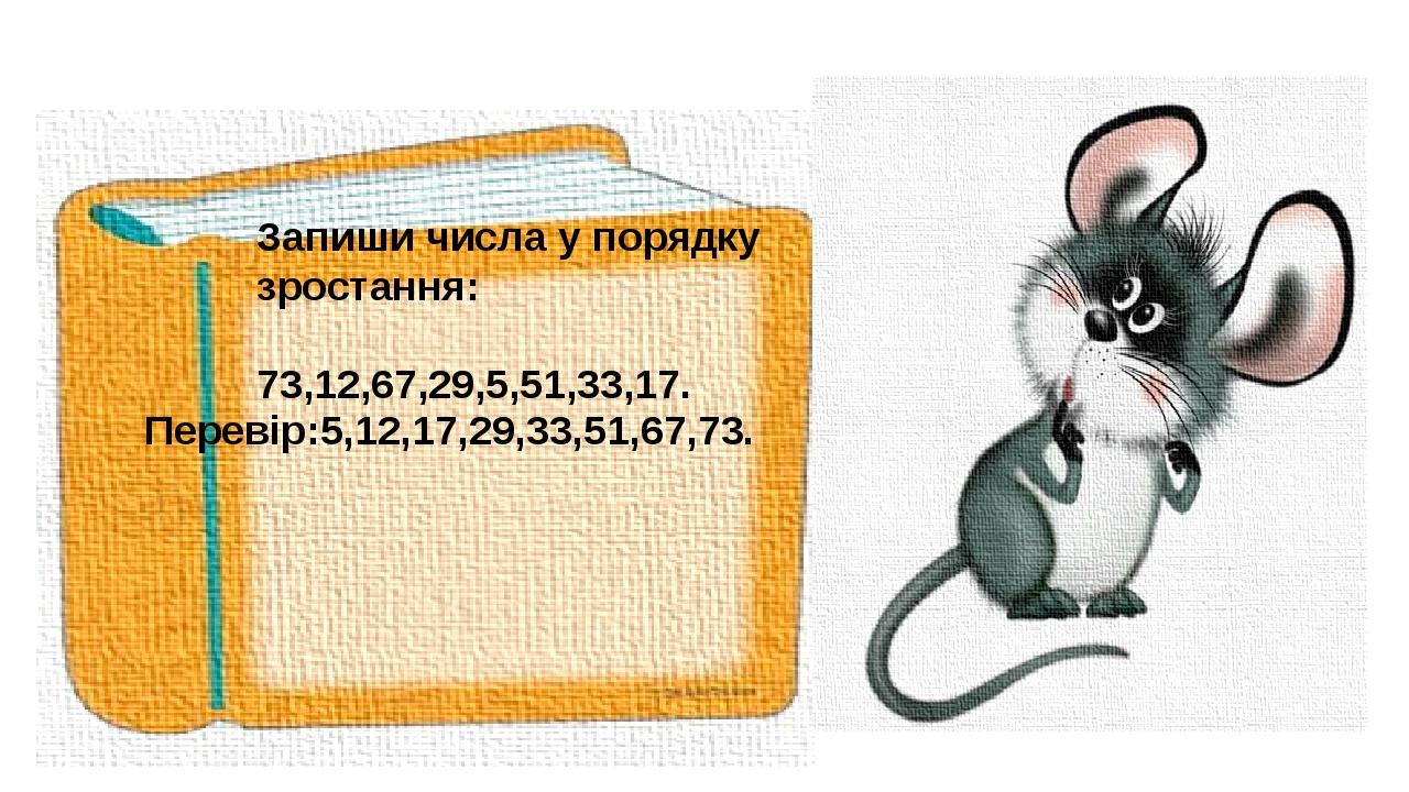 Запиши числа у порядку зростання: 73,12,67,29,5,51,33,17. Перевір:5,12,17,29,33,51,67,73.