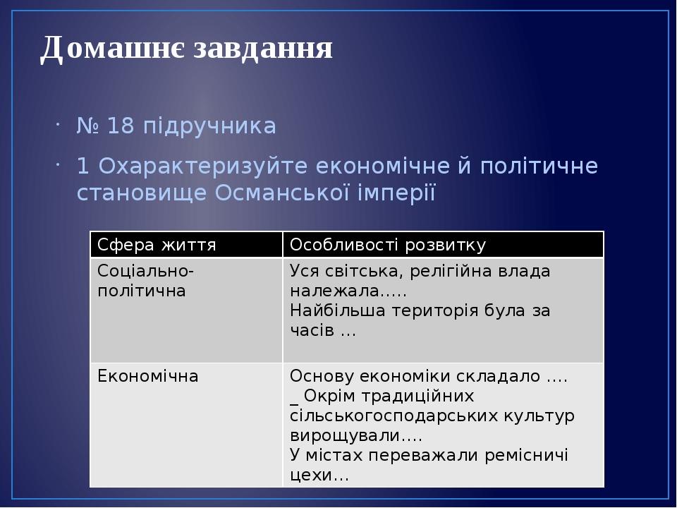 Домашнє завдання № 18 підручника 1 Охарактеризуйте економічне й політичне становище Османської імперії Сфера життя Особливості розвитку Соціально-п...