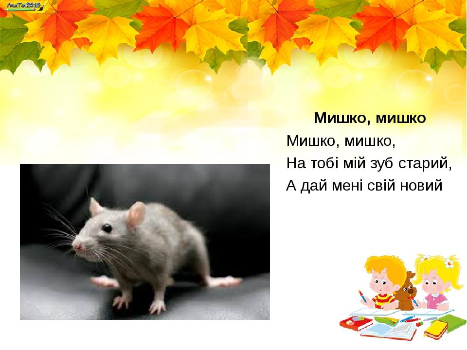 Мишко, мишко Мишко, мишко, На тобі мій зуб старий, А дай мені свій новий