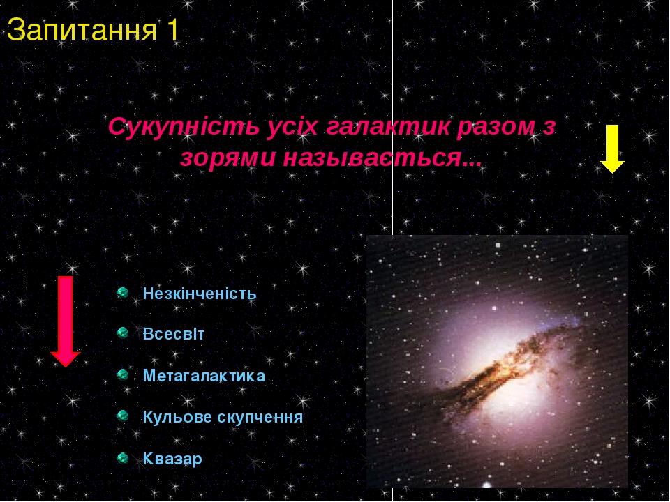 Незкінченість Всесвіт Метагалактика Кульове скупчення Квазар Запитання 1 Сукупність усіх галактик разом з зорями называється...