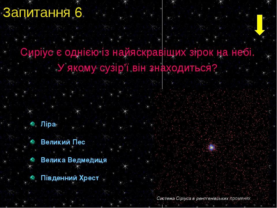 Ліра Великий Пес Велика Ведмедиця Південний Хрест Сиріус є однією із найяскравіших зірок на небі. У якому сузір’ї він знаходиться? Запитання 6 Сист...