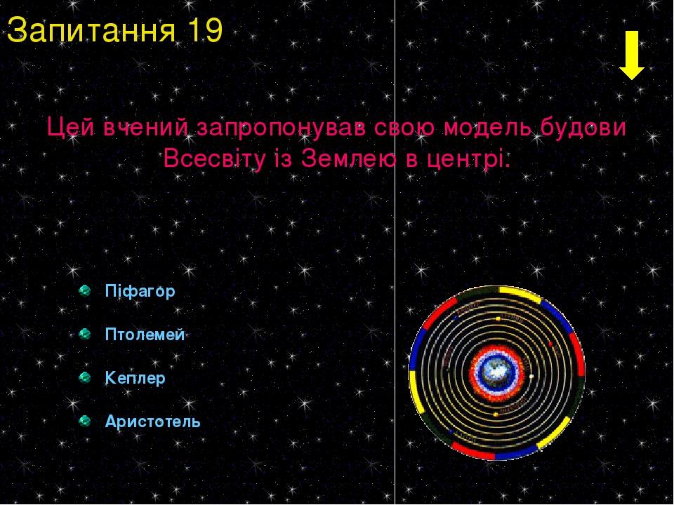 Піфагор Птолемей Кеплер Аристотель Запитання 19 Цей вчений запропонував свою модель будови Всесвіту із Землею в центрі.