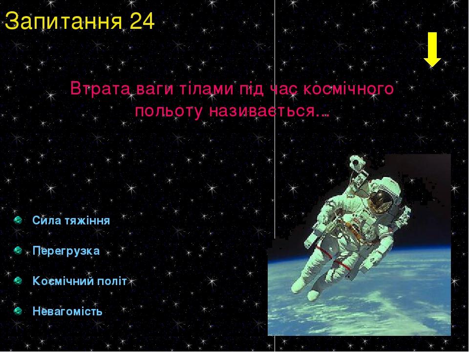 Сила тяжіння Перегрузка Космічний політ Невагомість Втрата ваги тілами під час космічного польоту називається... Запитання 24