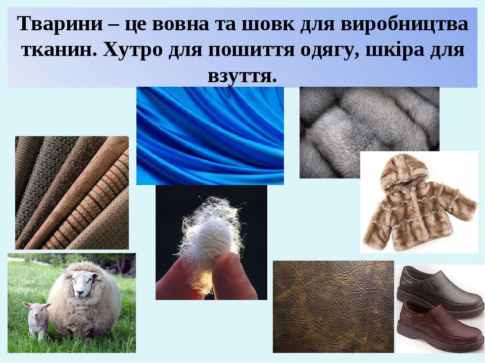 Тварини – це вовна та шовк для виробництва тканин. Хутро для пошиття одягу, шкіра для взуття.