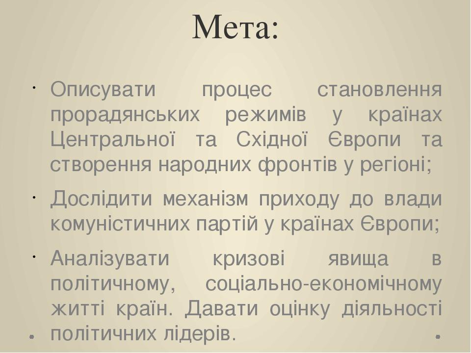 Мета: Описувати процес становлення прорадянських режимів у країнах Центральної та Східної Європи та створення народних фронтів у регіоні; Дослідити...