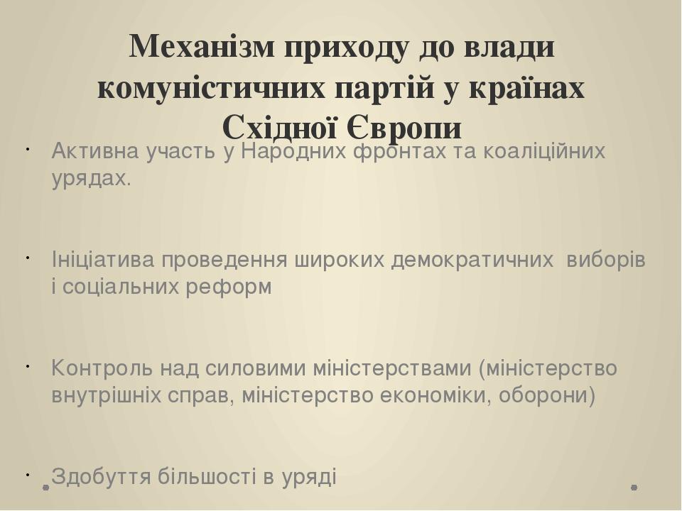 Механізм приходу до влади комуністичних партій у країнах Східної Європи Активна участь у Народних фронтах та коаліційних урядах. Ініціатива проведе...