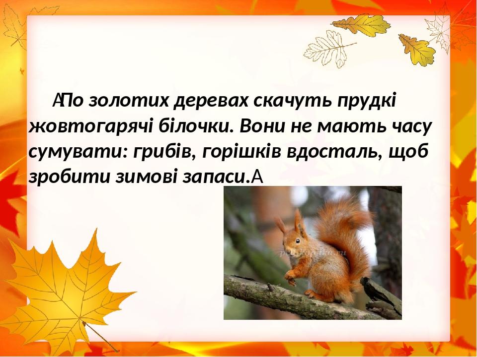  По золотих деревах скачуть прудкі жовтогарячі білочки. Вони не мають часу сумувати: грибів, горішків вдосталь, щоб зробити зимові запаси. 
