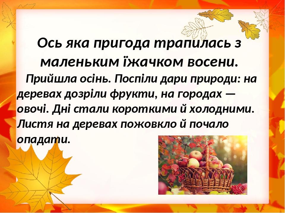 Ось яка пригода трапилась з маленьким їжачком восени. Прийшла осінь. Поспіли дари природи: на деревах дозріли фрукти, на городах — овочі. Дні стали...