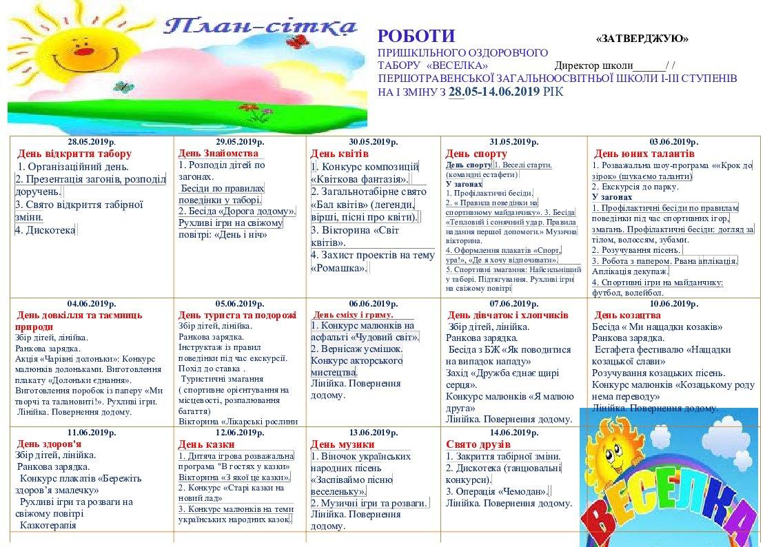 План сітка ПРИШКІЛЬНОГО ТАБОРУ «ВЕСЕЛКА» на 2018-2019 навчальний рік ...