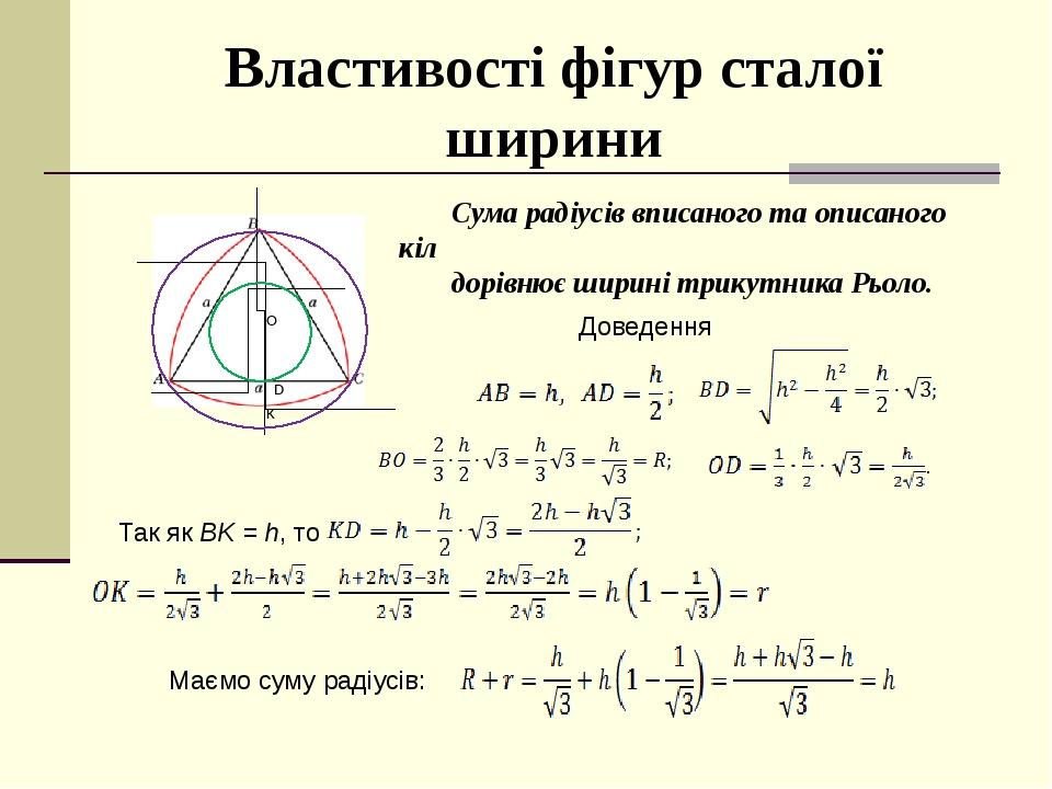 Властивості фігур сталої ширини Сума радіусів вписаного та описаного кіл дорівнює ширині трикутника Рьоло. Доведення Так як BK = h, то Маємо суму р...