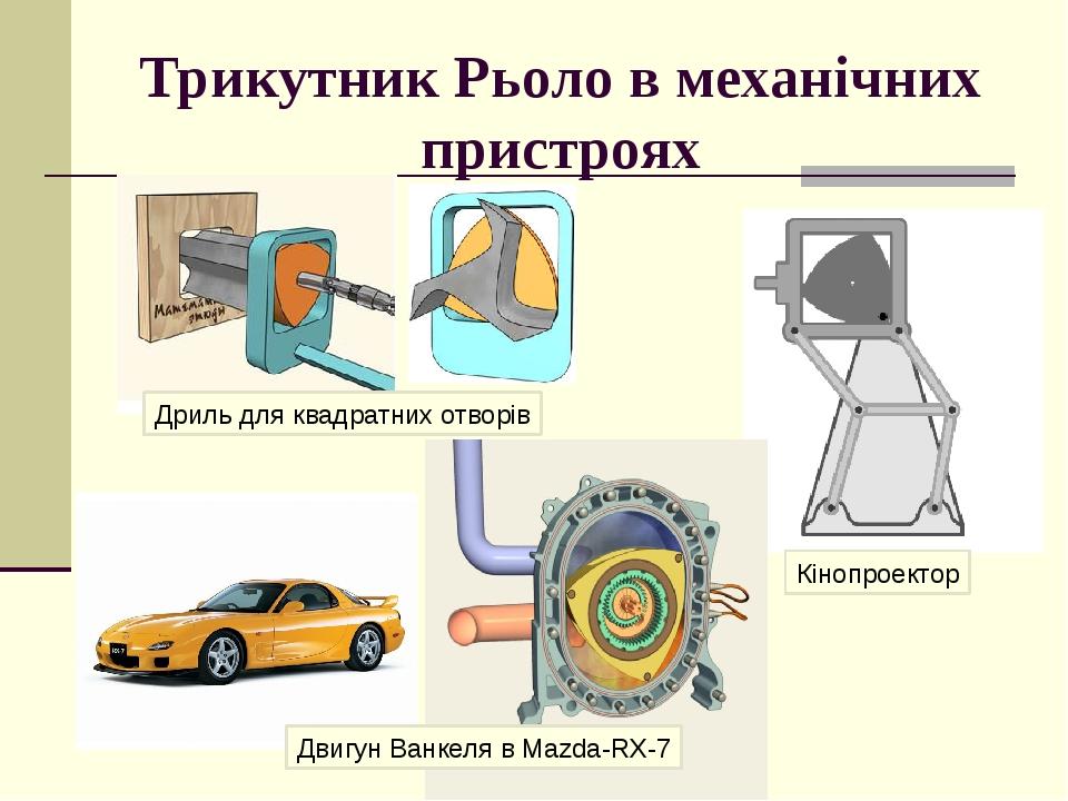 Трикутник Рьоло в механічних пристроях Кінопроектор Двигун Ванкеля в Mazda-RX-7 Дриль для квадратних отворів