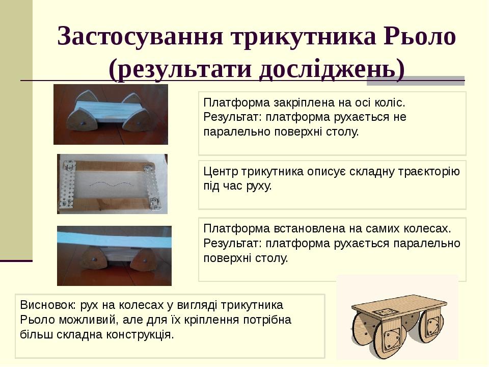 Застосування трикутника Рьоло (результати досліджень) Платформа закріплена на осі коліс. Результат: платформа рухається не паралельно поверхні стол...