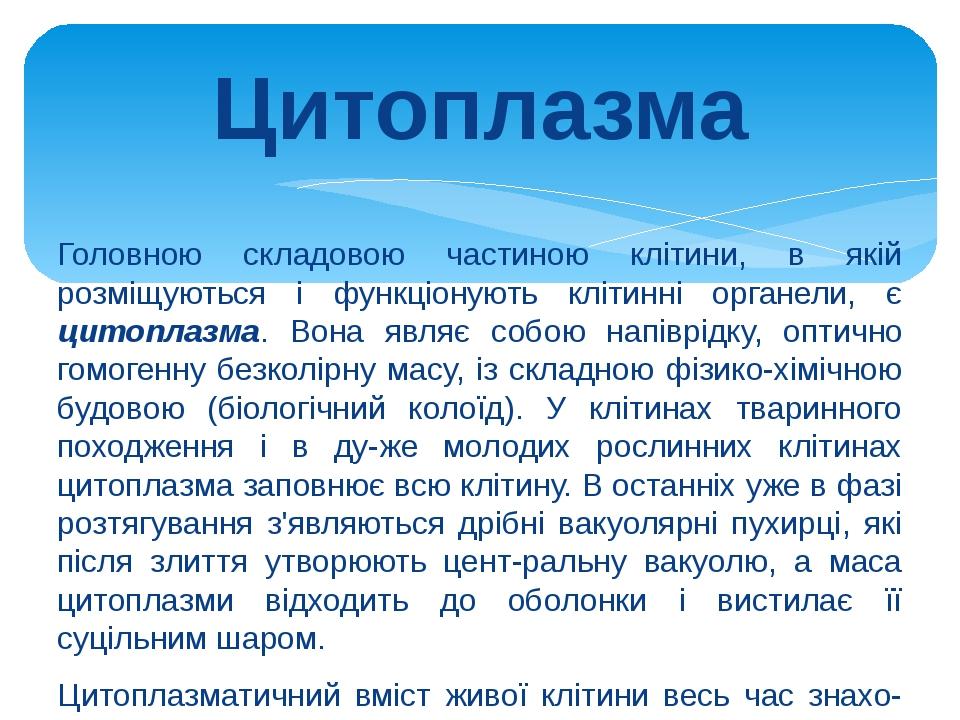 Цитоплазма Головною складовою частиною клітини, в якій розміщуються і функціонують клітинні органели, є цитоплазма. Вона являє собою напіврідку, оп...