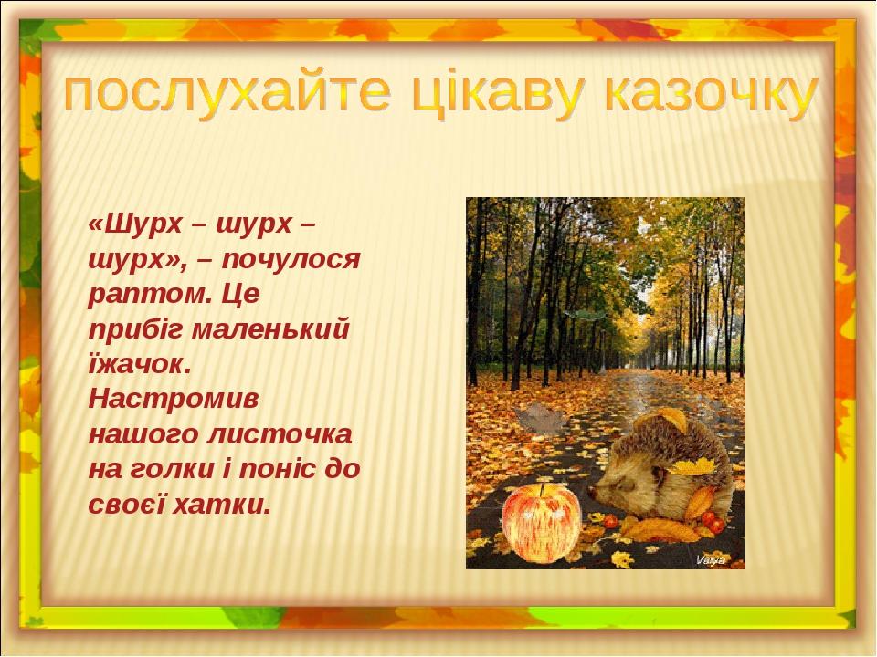 «Шурх – шурх – шурх», – почулося раптом. Це прибіг маленький їжачок. Настромив нашого листочка на голки і поніс до своєї хатки.