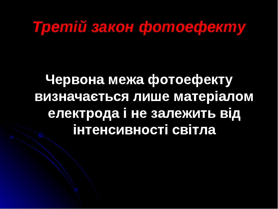 Третій закон фотоефекту Червона межа фотоефекту визначається лише матеріалом електрода і не залежить від інтенсивності світла