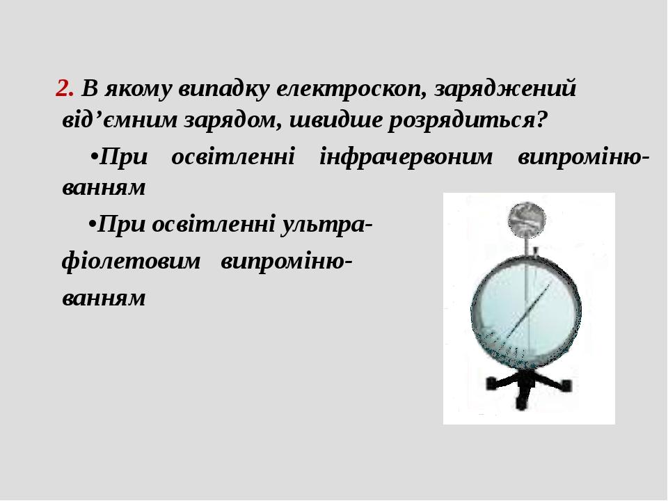 2. В якому випадку електроскоп, заряджений від’ємним зарядом, швидше розрядиться? •При освітленні інфрачервоним випроміню-ванням •При освітленні ул...