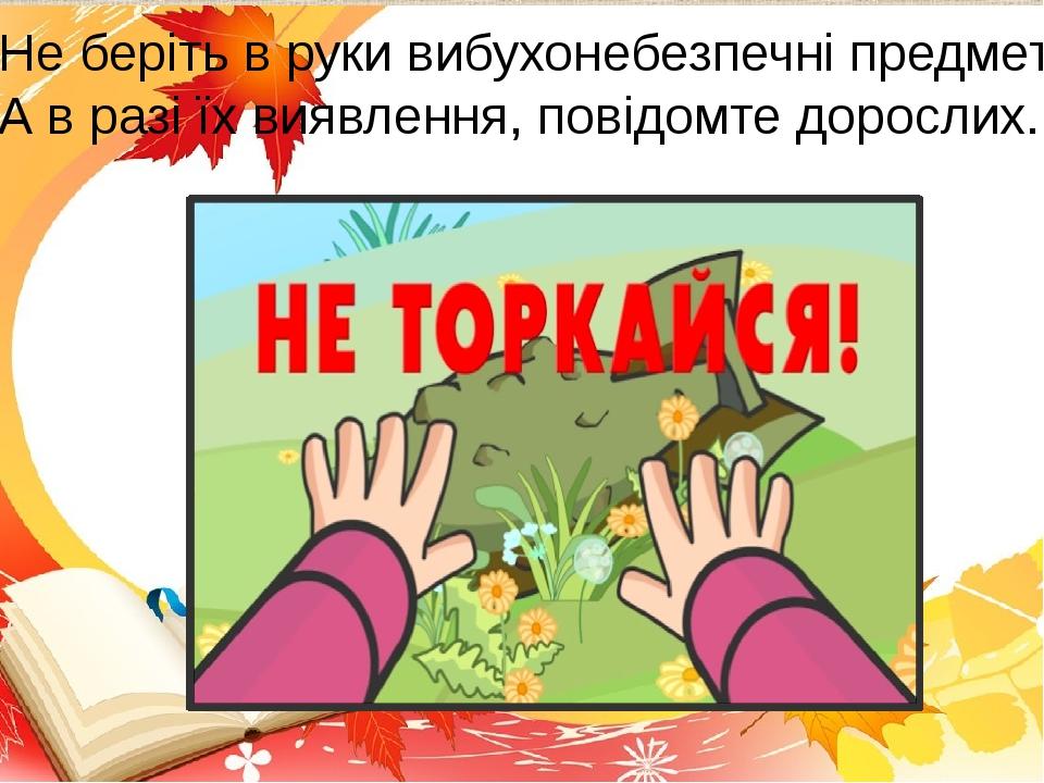 Не беріть в руки вибухонебезпечні предмети! А в разі їх виявлення, повідомте дорослих.