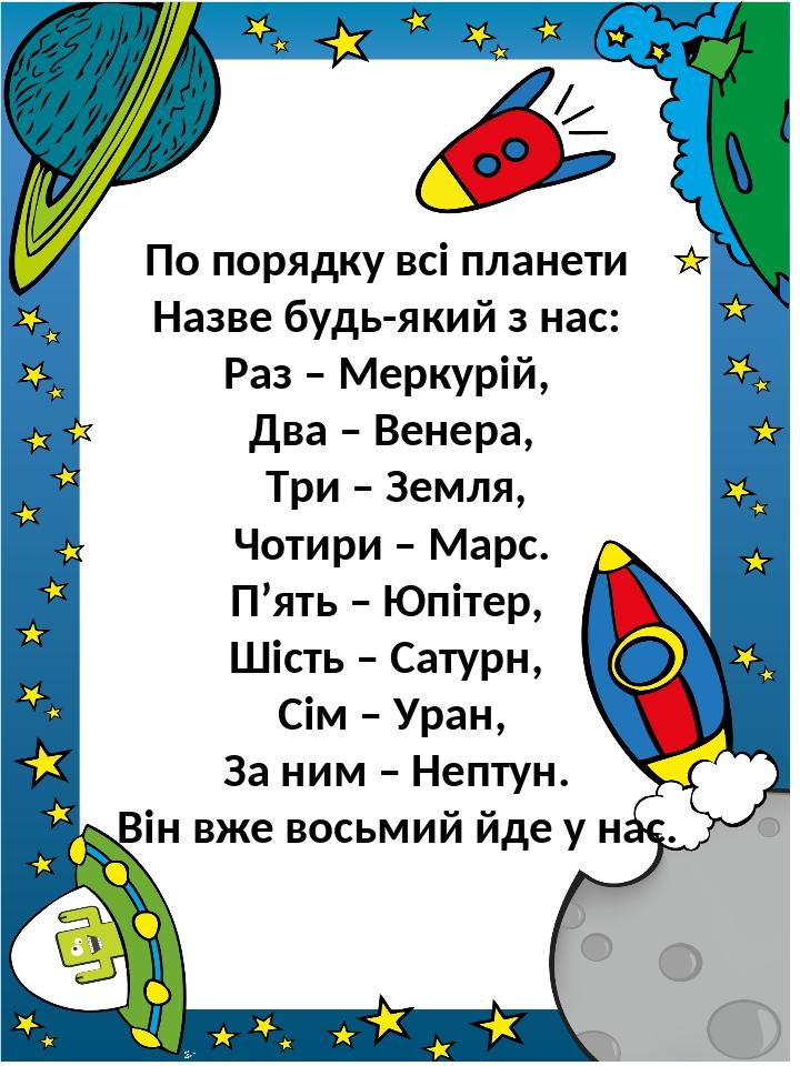 По порядку всі планети Назве будь-який з нас: Раз – Меркурій, Два – Венера, Три – Земля, Чотири – Марс. П’ять – Юпітер, Шість – Сатурн, Сім – Уран,...