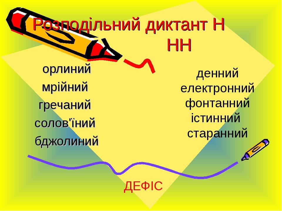 Розподільний диктант Н НН орлиний мрійний гречаний солов'їний бджолиний денний електронний фонтанний істинний старанний ДЕФІС