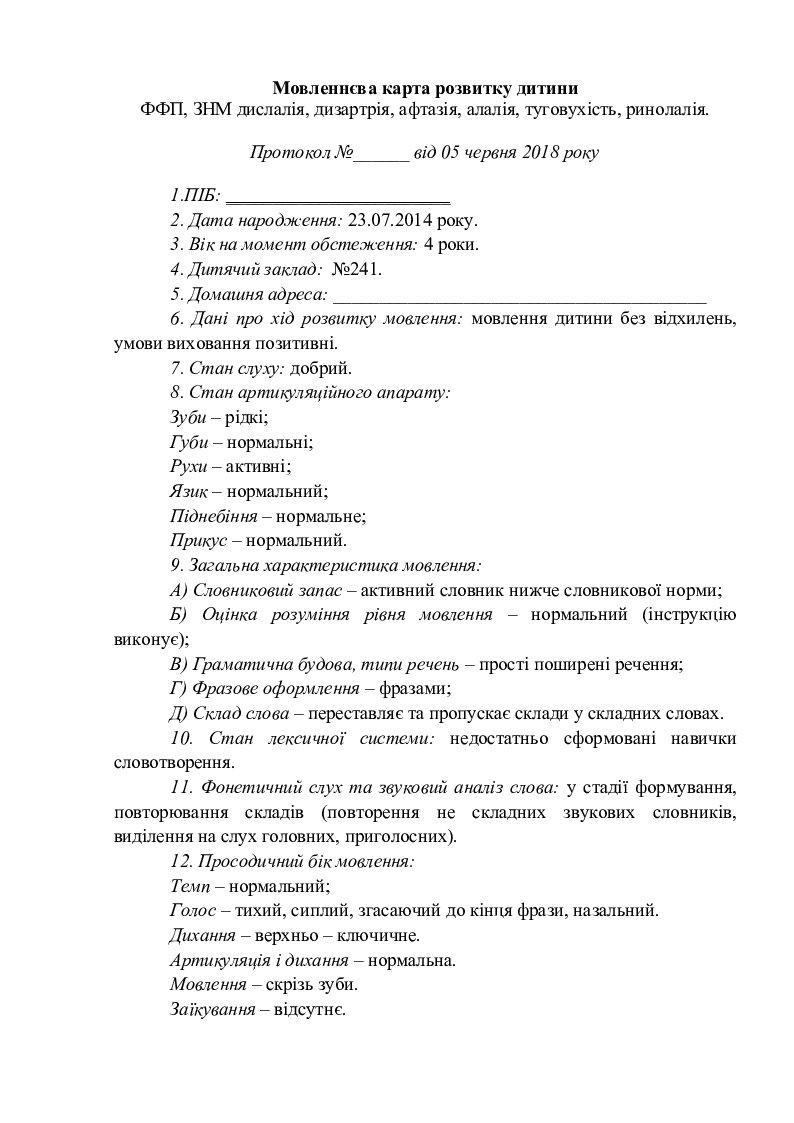 Мовленнєва карта розвитку дитини | Інші методичні матеріали. Логопед