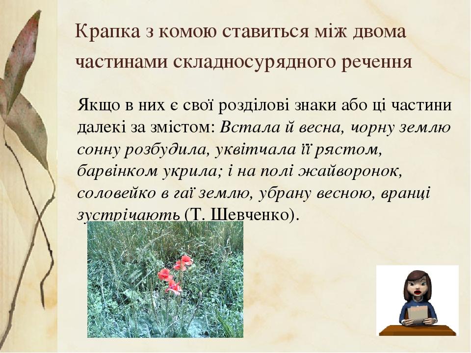 Крапка з комою ставиться між двома частинами складносурядного речення Якщо в них є свої розділові знаки або ці частини далекі за змістом: Встала й ...