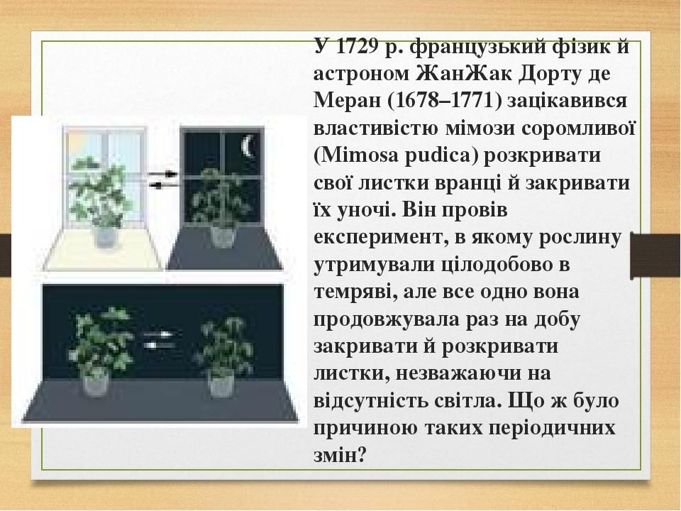 У 1729 р. французький фізик й астроном ЖанЖак Дорту де Меран (1678–1771) зацікавився властивістю мімози соромливої (Mimosa pudica) розкривати свої ...