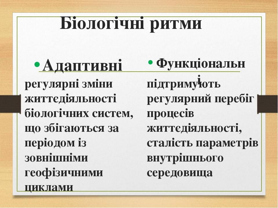 Біологічні ритми Адаптивні регулярні зміни життєдіяльності біологічних систем, що збігаються за періодом із зовнішніми геофізичними циклами Функціо...
