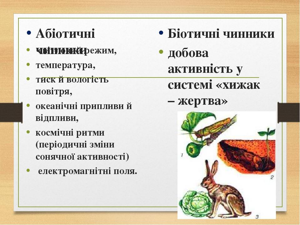 Абіотичні чинники світловий режим, температура, тиск й вологість повітря, океанічні припливи й відпливи, космічні ритми (періодичні зміни сонячної ...