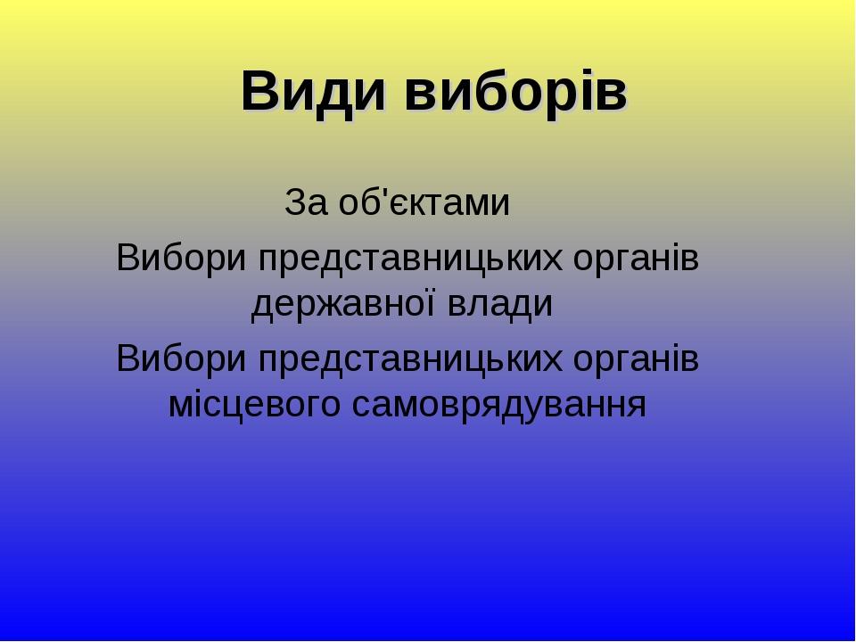 Види виборів За об'єктами Вибори представницьких органів державної влади Вибори представницьких органів місцевого самоврядування