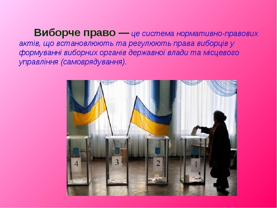 Виборче право — це система нормативно-правових актів, що встановлюють та регулюють права виборців у формуванні виборних органів державної влади та ...