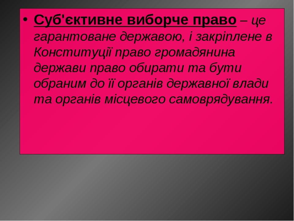 Суб'єктивне виборче право – це гарантоване державою, і закріплене в Конституції право громадянина держави право обирати та бути обраним до її орган...