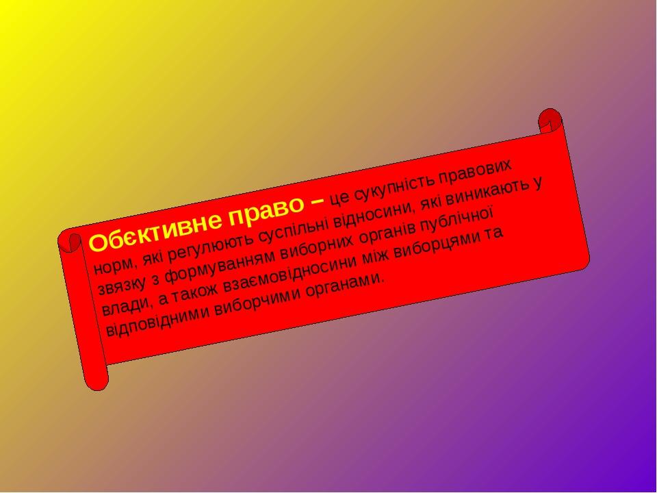 Обєктивне право – це сукупність правових норм, які регулюють суспільні відносини, які виникають у звязку з формуванням виборних органів публічної в...