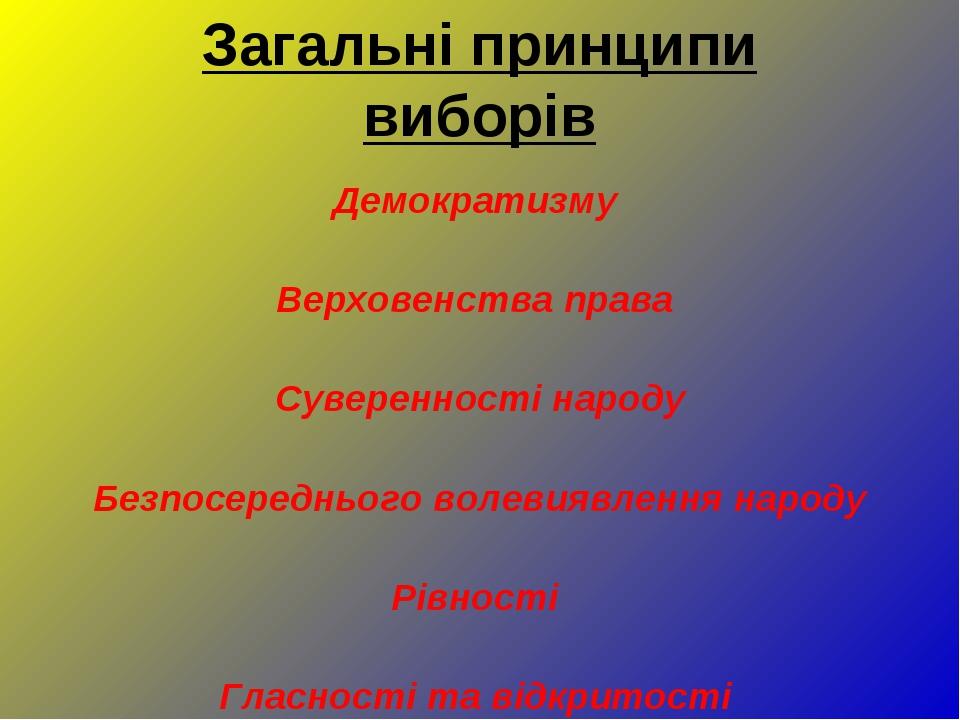 Загальні принципи виборів Демократизму Верховенства права Суверенності народу Безпосереднього волевиявлення народу Рівності Гласності та відкритості