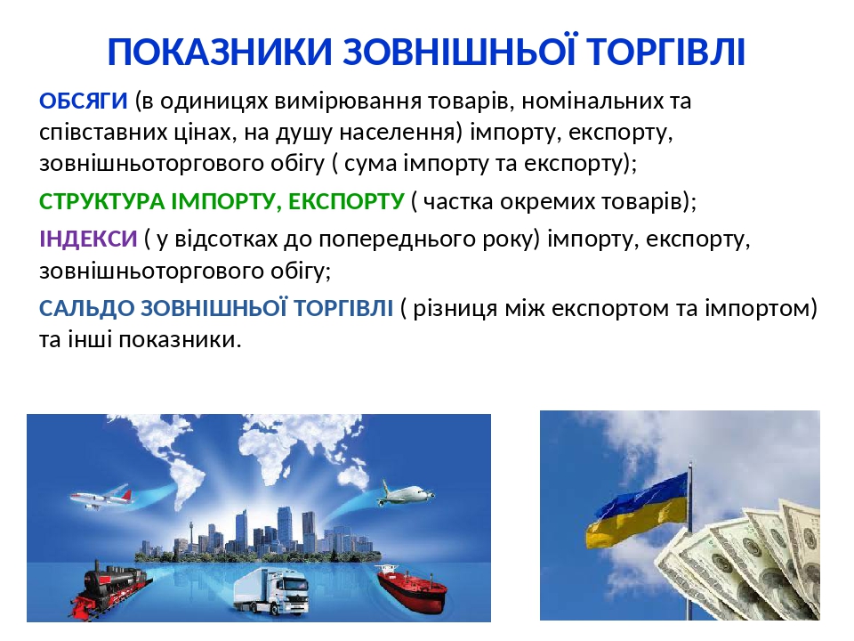 ПОКАЗНИКИ ЗОВНІШНЬОЇ ТОРГІВЛІ ОБСЯГИ (в одиницях вимірювання товарів, номінальних та співставних цінах, на душу населення) імпорту, експорту, зовні...