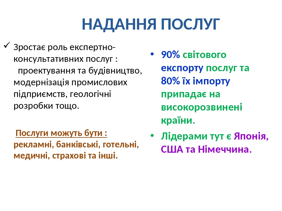 НАДАННЯ ПОСЛУГ Зростає роль експертно-консультативних послуг : проектування та будівництво, модернізація промислових підприємств, геологічні розроб...