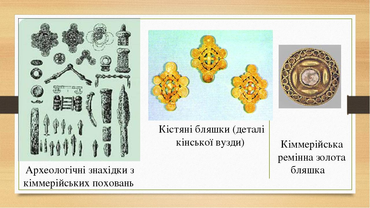 Кіммерійська ремінна золота бляшка Археологічні знахідки з кіммерійських поховань Кістяні бляшки (деталі кінської вузди)