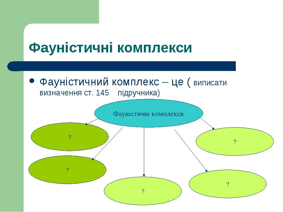 Фауністичні комплекси Фауністичний комплекс – це ( виписати визначення ст. 145 підручника) Фауністичні комплекси ? ? ? ? ?