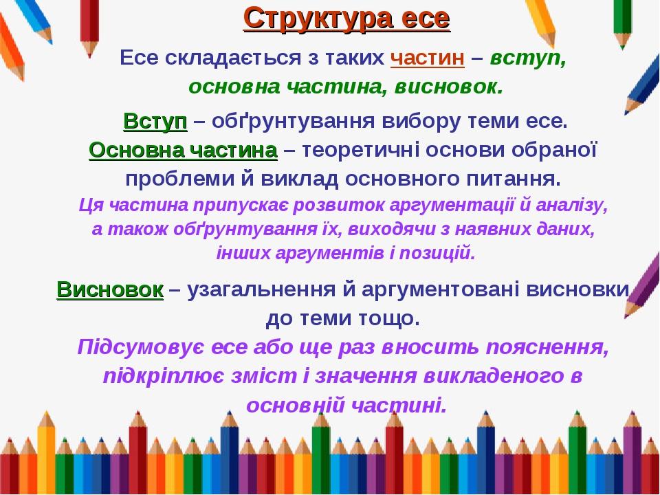 Структура есе Есе складається з таких частин – вступ, основна частина, висновок. Вступ – обґрунтування вибору теми есе. Основна частина – теоретичн...